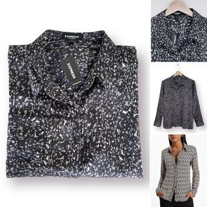 EXPRESS Portofino Satin Shirt Long Sleeves Concealed Button Front Relaxe…